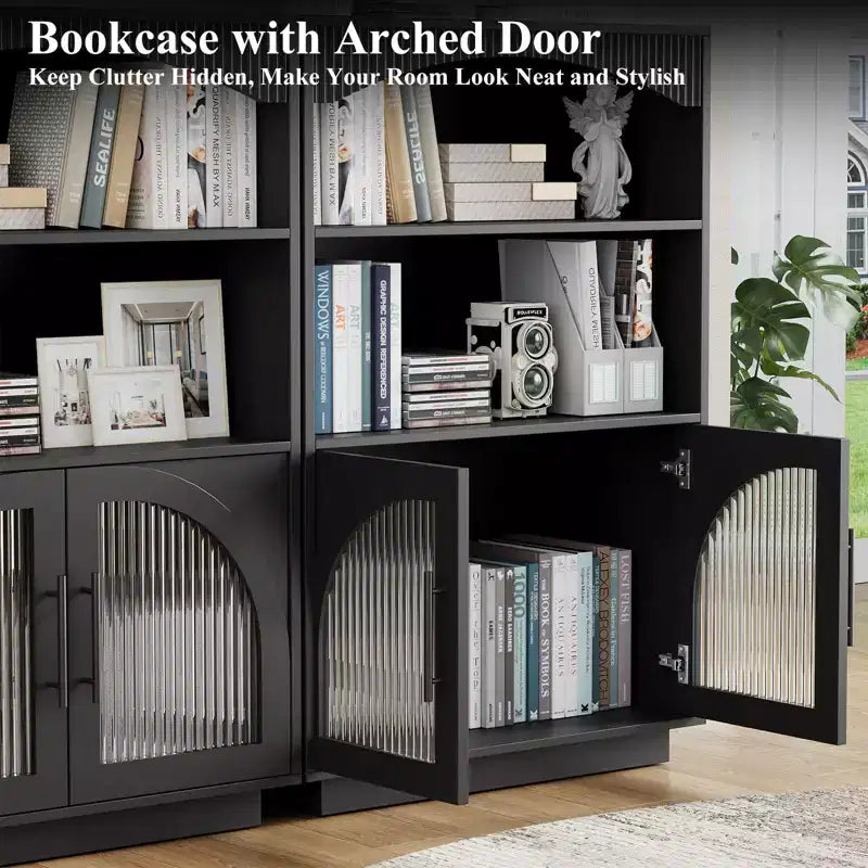 SOLACE FURNITURE 46 Bookshelf with Doors, Black Bookcase with Glass Door, 3 Tier Small Bookshelf