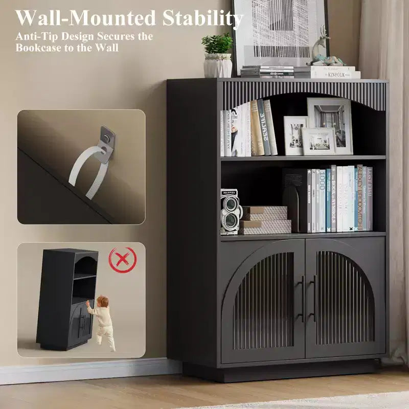 SOLACE FURNITURE 46 Bookshelf with Doors, Black Bookcase with Glass Door, 3 Tier Small Bookshelf