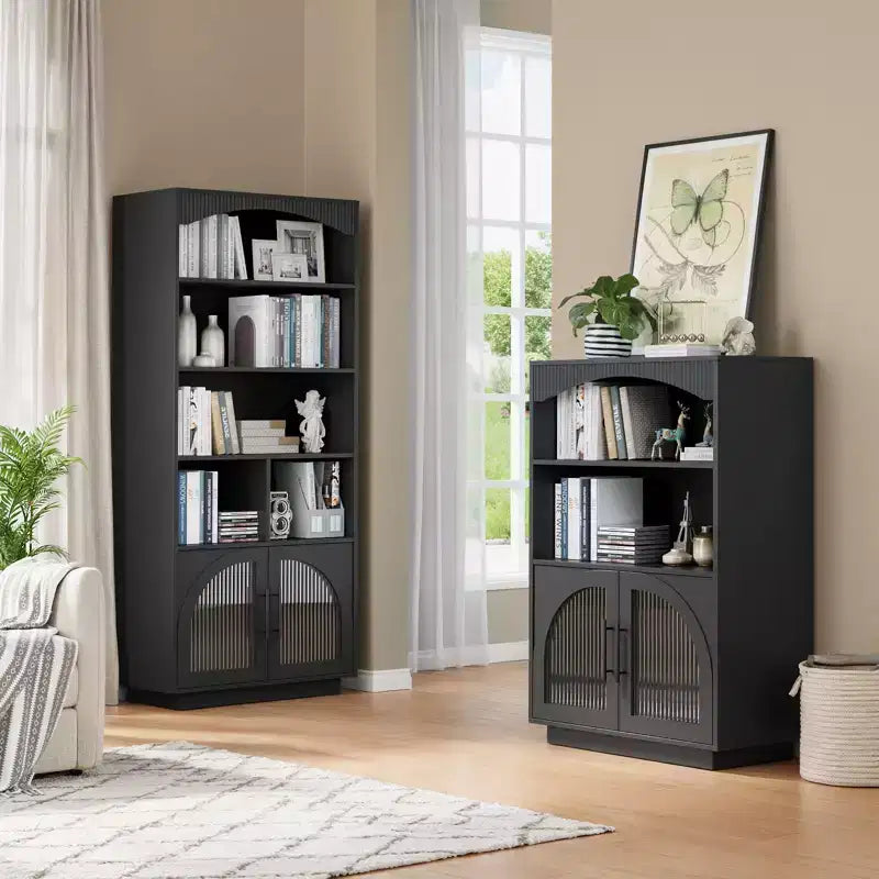 SOLACE FURNITURE 46 Bookshelf with Doors, Black Bookcase with Glass Door, 3 Tier Small Bookshelf
