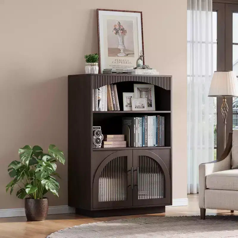 SOLACE FURNITURE 46 Bookshelf with Doors, Black Bookcase with Glass Door, 3 Tier Small Bookshelf