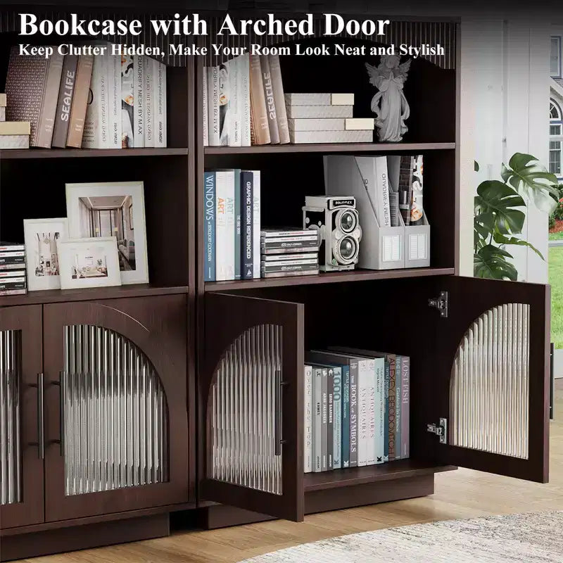 SOLACE FURNITURE 46 Bookshelf with Doors, Black Bookcase with Glass Door, 3 Tier Small Bookshelf