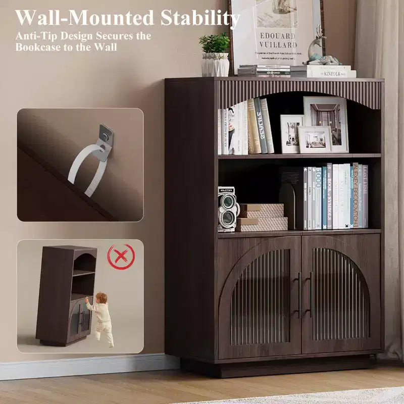 SOLACE FURNITURE 46 Bookshelf with Doors, Black Bookcase with Glass Door, 3 Tier Small Bookshelf