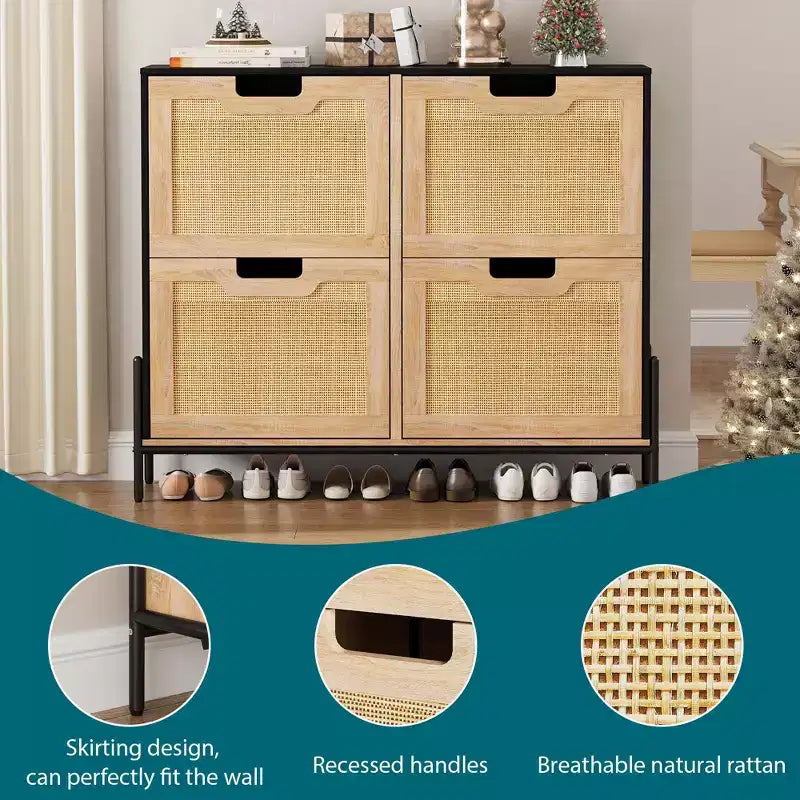 Shoe Cabinet Storage for Entryway, Rattan Shoe Cabinet with 4 Flip Drawers, Freestanding Shoe Storage Organizer