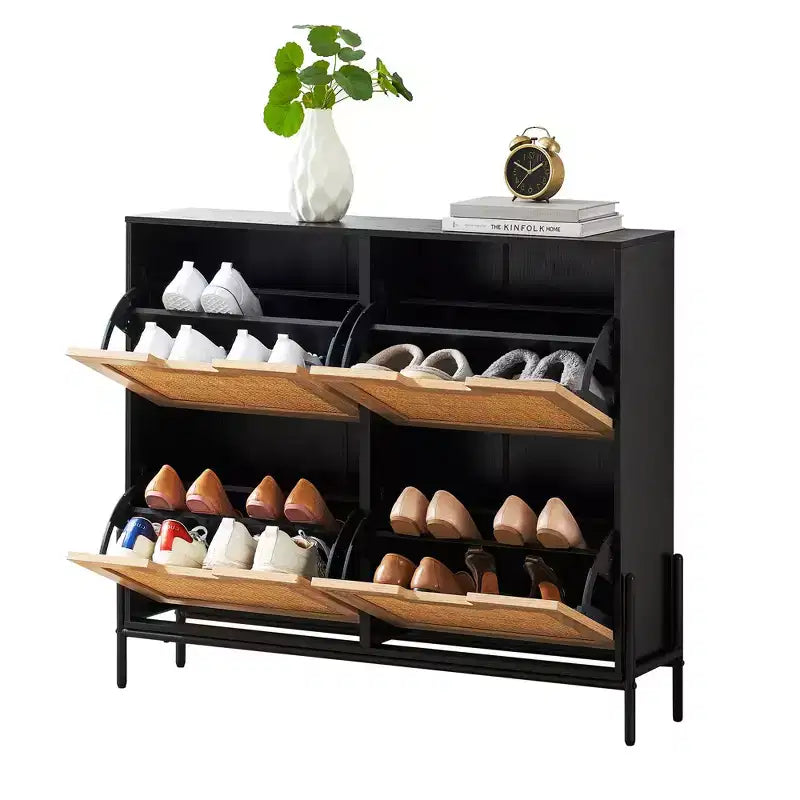 Shoe Cabinet Storage for Entryway, Rattan Shoe Cabinet with 4 Flip Drawers, Freestanding Shoe Storage Organizer