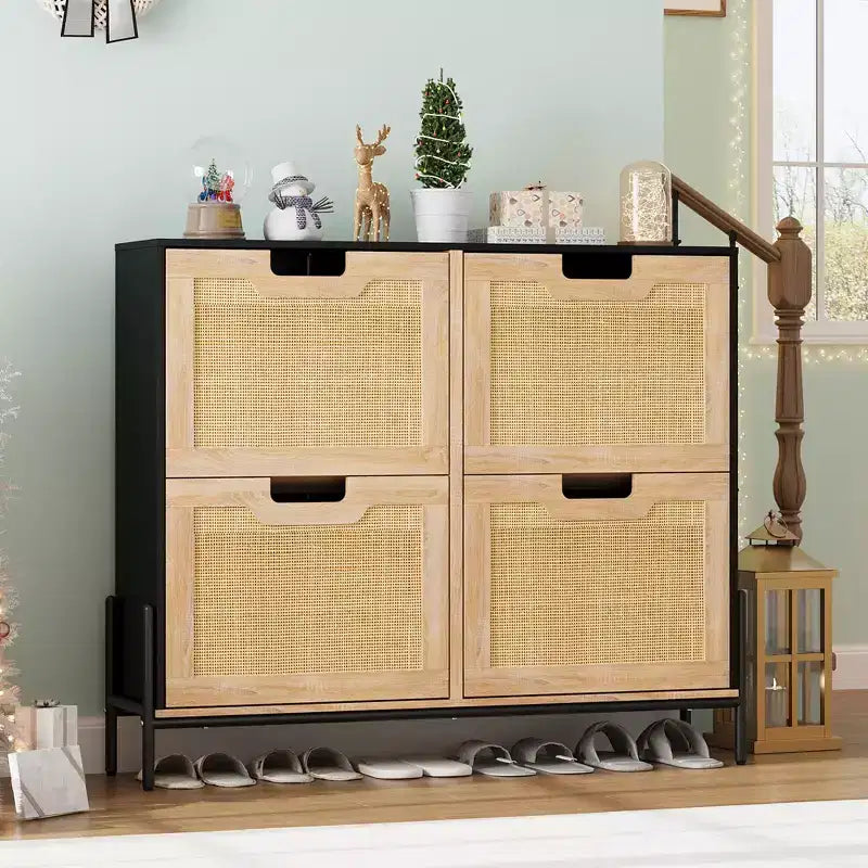 Shoe Cabinet Storage for Entryway, Rattan Shoe Cabinet with 4 Flip Drawers, Freestanding Shoe Storage Organizer