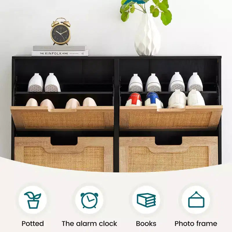 Shoe Cabinet Storage for Entryway, Rattan Shoe Cabinet with 4 Flip Drawers, Freestanding Shoe Storage Organizer