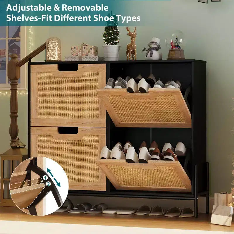 Shoe Cabinet Storage for Entryway, Rattan Shoe Cabinet with 4 Flip Drawers, Freestanding Shoe Storage Organizer