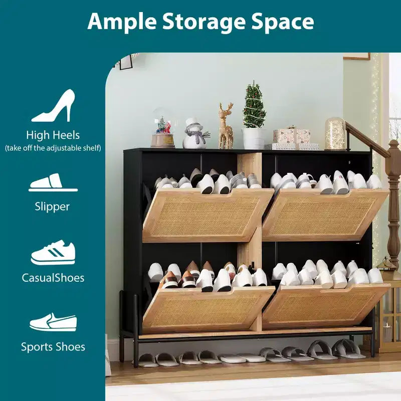 Shoe Cabinet Storage for Entryway, Rattan Shoe Cabinet with 4 Flip Drawers, Freestanding Shoe Storage Organizer