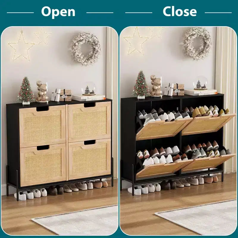 Shoe Cabinet Storage for Entryway, Rattan Shoe Cabinet with 4 Flip Drawers, Freestanding Shoe Storage Organizer
