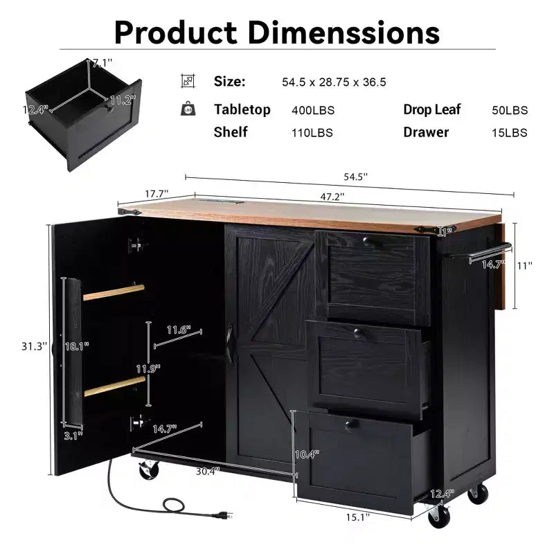 CLIHOME 54.5 Farmhouse Rolling Kitchen Island with Power Outlet, Kitchen Storage Cart with Internal Storage Rack, Drop Leaf, Spice Rack