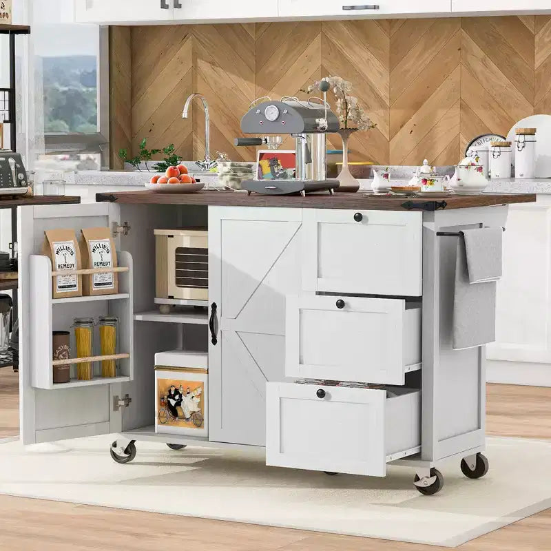 CLIHOME 54.5 Farmhouse Rolling Kitchen Island with Power Outlet, Kitchen Storage Cart with Internal Storage Rack, Drop Leaf, Spice Rack
