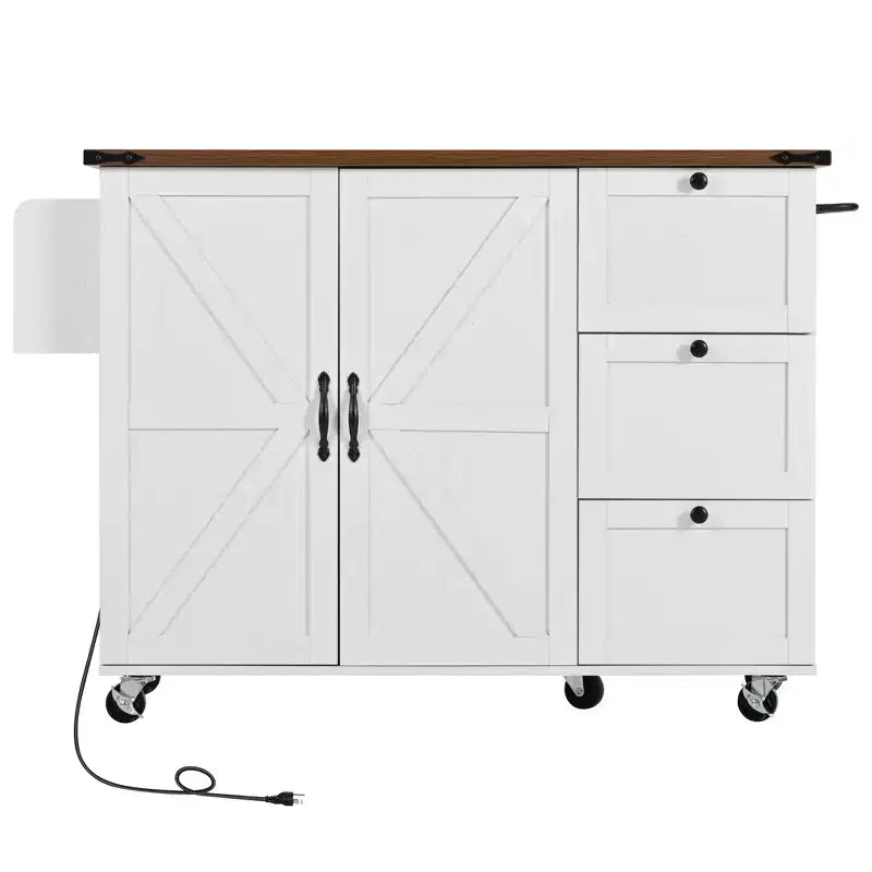 CLIHOME 54.5 Farmhouse Rolling Kitchen Island with Power Outlet, Kitchen Storage Cart with Internal Storage Rack, Drop Leaf, Spice Rack