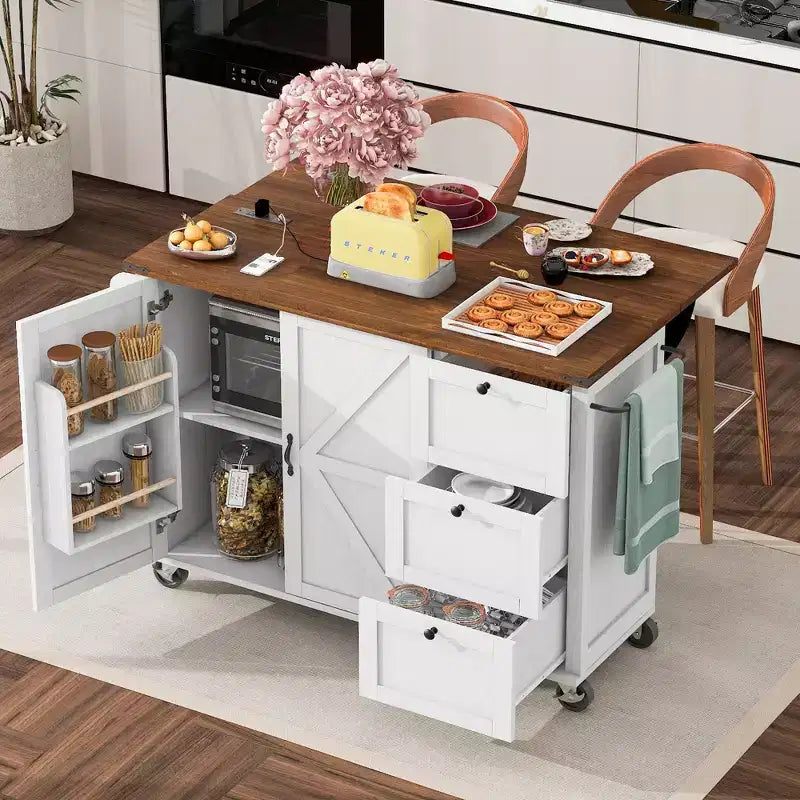 CLIHOME 54.5 Farmhouse Rolling Kitchen Island with Power Outlet, Kitchen Storage Cart with Internal Storage Rack, Drop Leaf, Spice Rack