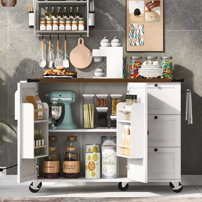 CLIHOME 54.5 Farmhouse Rolling Kitchen Island with Power Outlet, Kitchen Storage Cart with Internal Storage Rack, Drop Leaf, Spice Rack