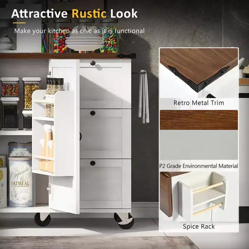 CLIHOME 54.5 Farmhouse Rolling Kitchen Island with Power Outlet, Kitchen Storage Cart with Internal Storage Rack, Drop Leaf, Spice Rack