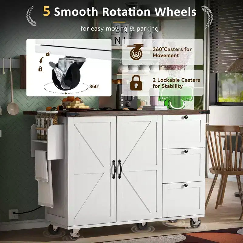 CLIHOME 54.5 Farmhouse Rolling Kitchen Island with Power Outlet, Kitchen Storage Cart with Internal Storage Rack, Drop Leaf, Spice Rack
