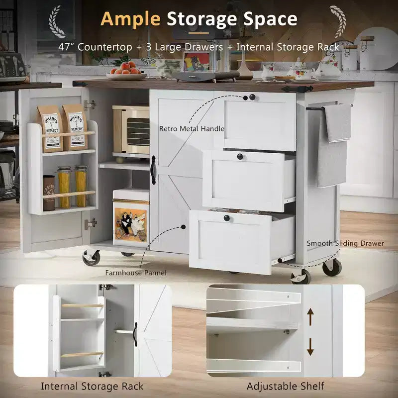 CLIHOME 54.5 Farmhouse Rolling Kitchen Island with Power Outlet, Kitchen Storage Cart with Internal Storage Rack, Drop Leaf, Spice Rack