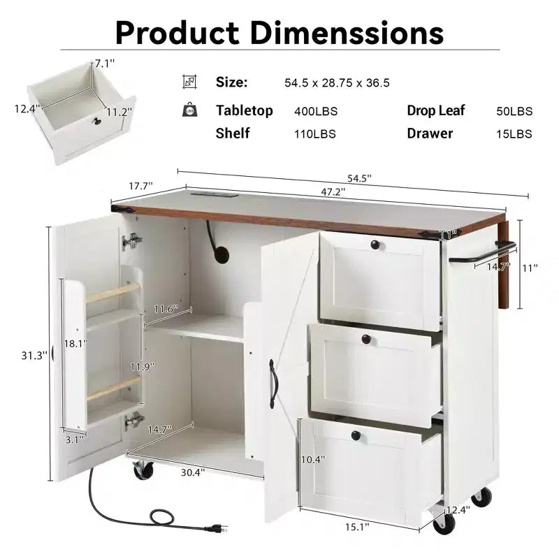 CLIHOME 54.5 Farmhouse Rolling Kitchen Island with Power Outlet, Kitchen Storage Cart with Internal Storage Rack, Drop Leaf, Spice Rack