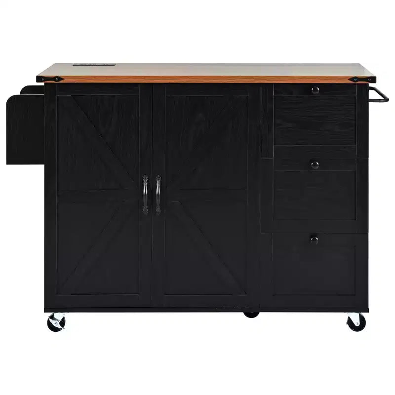 CLIHOME 54.5 Farmhouse Rolling Kitchen Island with Power Outlet, Kitchen Storage Cart with Internal Storage Rack, Drop Leaf, Spice Rack