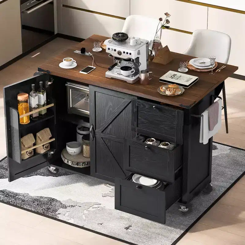 CLIHOME 54.5 Farmhouse Rolling Kitchen Island with Power Outlet, Kitchen Storage Cart with Internal Storage Rack, Drop Leaf, Spice Rack