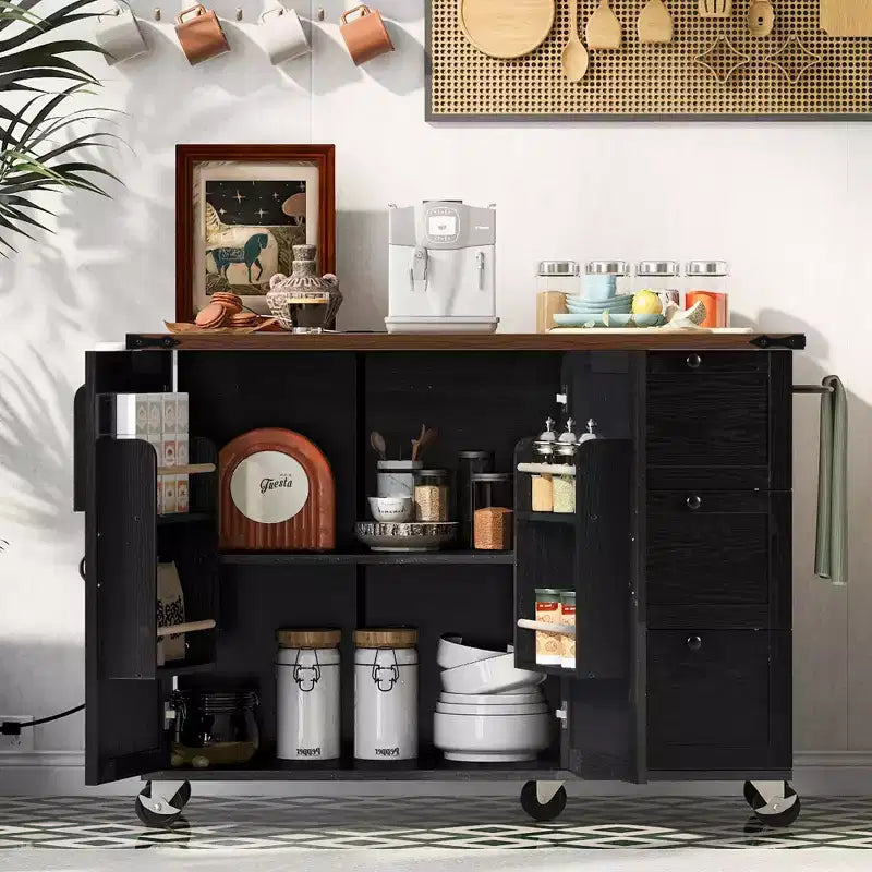 CLIHOME 54.5 Farmhouse Rolling Kitchen Island with Power Outlet, Kitchen Storage Cart with Internal Storage Rack, Drop Leaf, Spice Rack