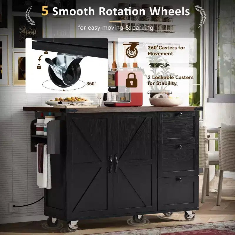 CLIHOME 54.5 Farmhouse Rolling Kitchen Island with Power Outlet, Kitchen Storage Cart with Internal Storage Rack, Drop Leaf, Spice Rack