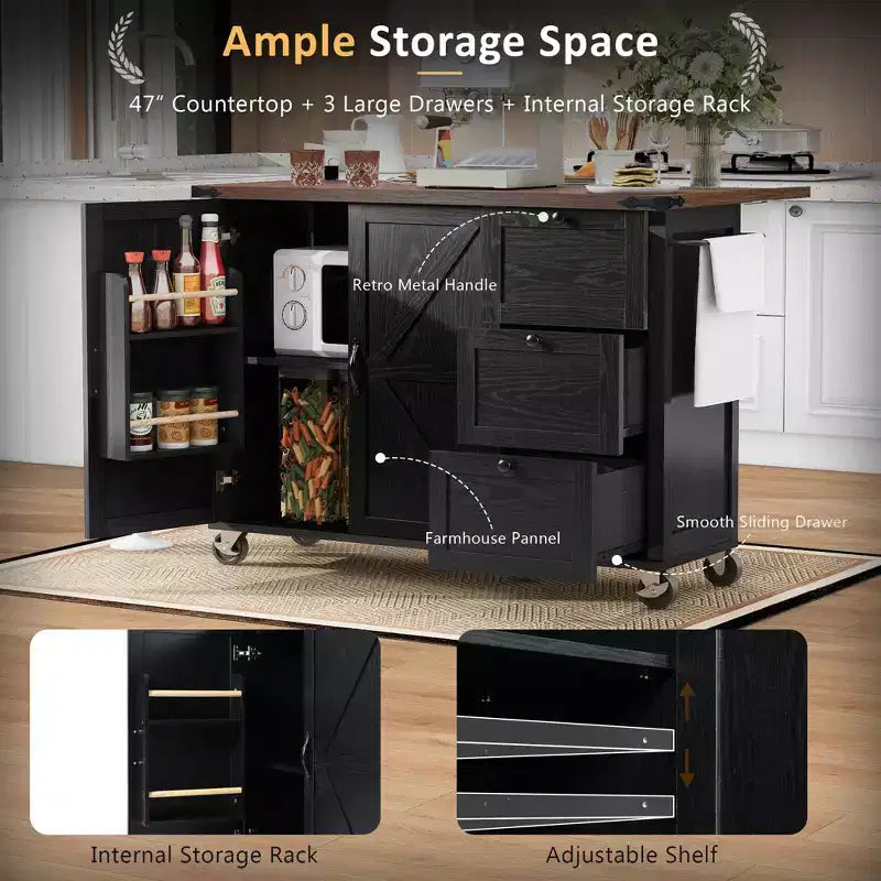 CLIHOME 54.5 Farmhouse Rolling Kitchen Island with Power Outlet, Kitchen Storage Cart with Internal Storage Rack, Drop Leaf, Spice Rack