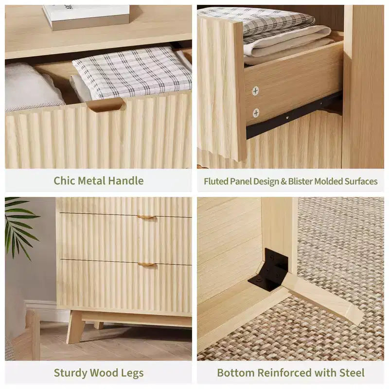 3 Drawer Dressers, Modern Fluted Closet Dressers Chest of Drawers, Wood Storage Dresser Chest of Drawers Organizer