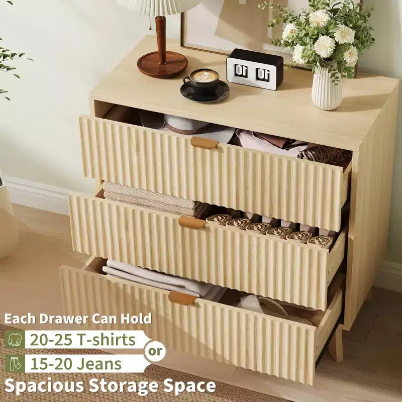 3 Drawer Dressers, Modern Fluted Closet Dressers Chest of Drawers, Wood Storage Dresser Chest of Drawers Organizer