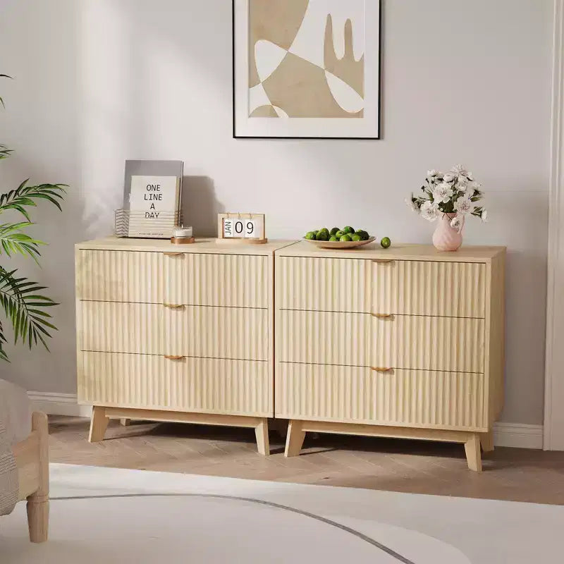 3 Drawer Dressers, Modern Fluted Closet Dressers Chest of Drawers, Wood Storage Dresser Chest of Drawers Organizer