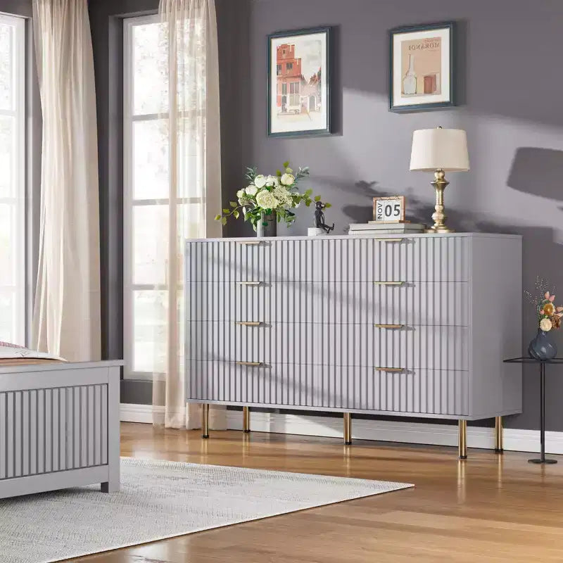 8 Drawer Dresser for Bedroom, Fluted 54 Wide Modern Chest of Drawers with Deep Drawers, Wooden Dresser Organizer for Living Room, Hallway, Kids Room