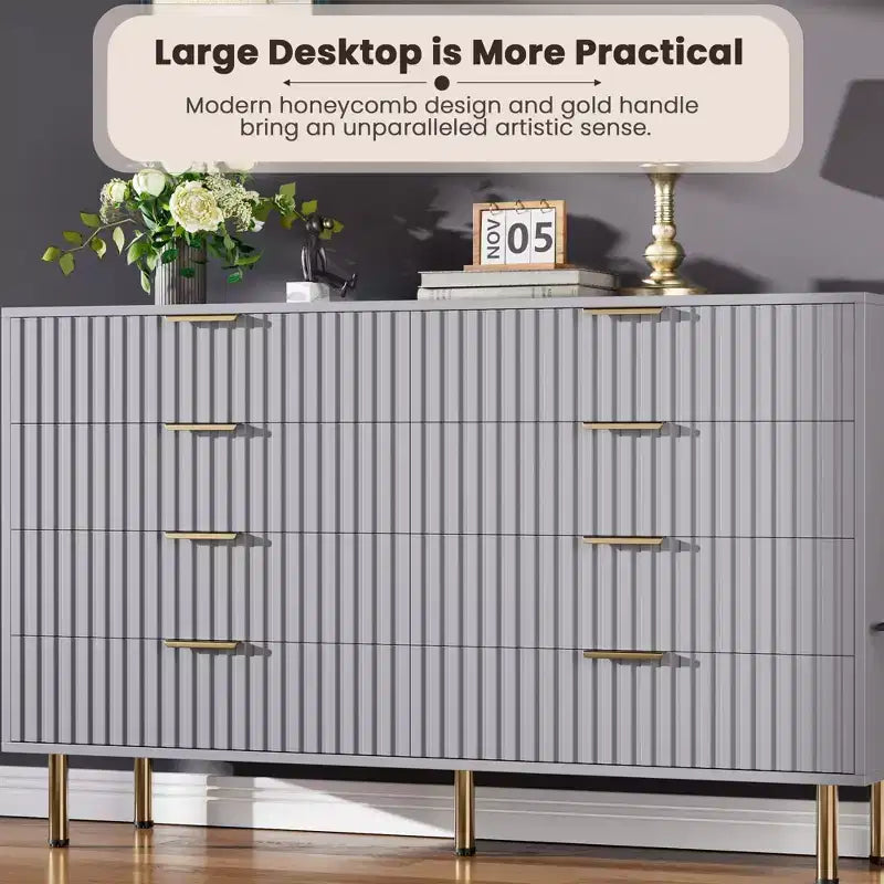 8 Drawer Dresser for Bedroom, Fluted 54 Wide Modern Chest of Drawers with Deep Drawers, Wooden Dresser Organizer for Living Room, Hallway, Kids Room