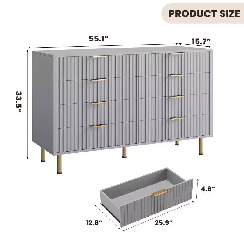 8 Drawer Dresser for Bedroom, Fluted 54 Wide Modern Chest of Drawers with Deep Drawers, Wooden Dresser Organizer for Living Room, Hallway, Kids Room