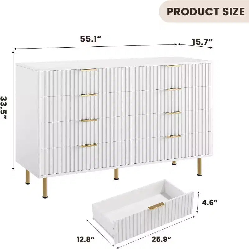 8 Drawer Dresser for Bedroom, Fluted 54 Wide Modern Chest of Drawers with Deep Drawers, Wooden Dresser Organizer for Living Room, Hallway, Kids Room