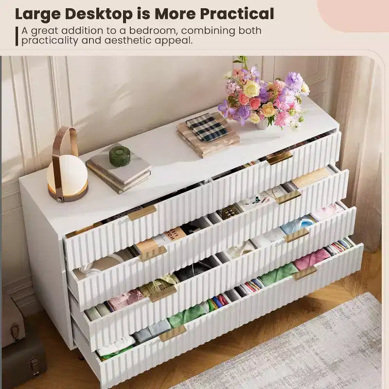 8 Drawer Dresser for Bedroom, Fluted 54 Wide Modern Chest of Drawers with Deep Drawers, Wooden Dresser Organizer for Living Room, Hallway, Kids Room