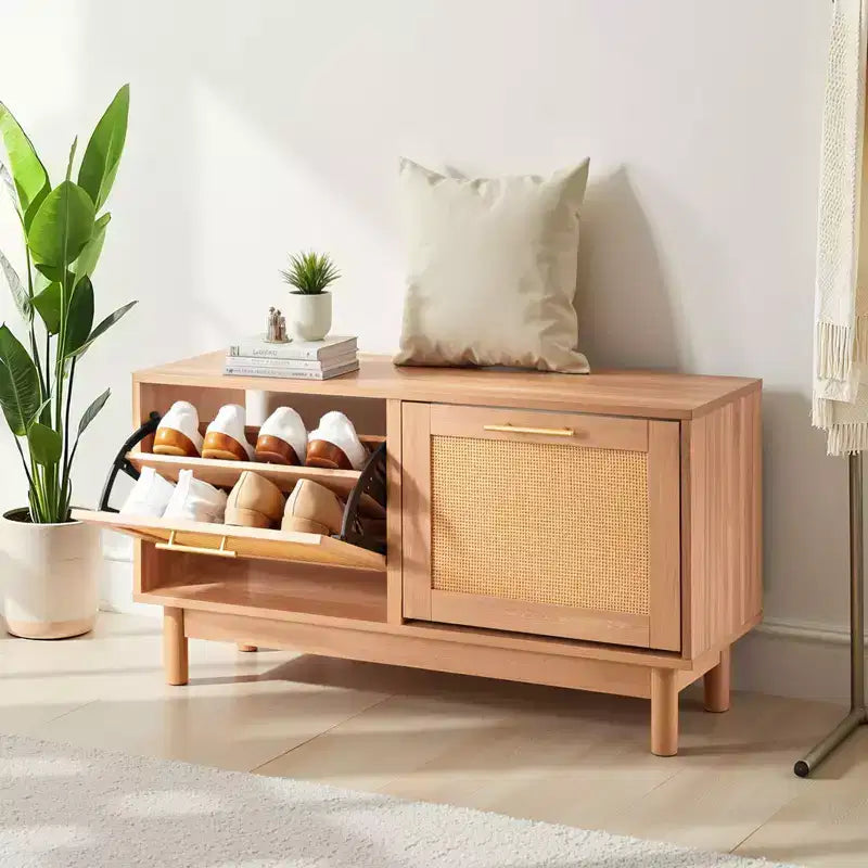 VEVOR Entryway Shoe Bench, 39.4 x 11.8 x 20.9 Inch Rattan-Like Shoes Bench with 2 Flip Drawers, 300lbs Shoe Storage Rack with 4 Compartments, Brown