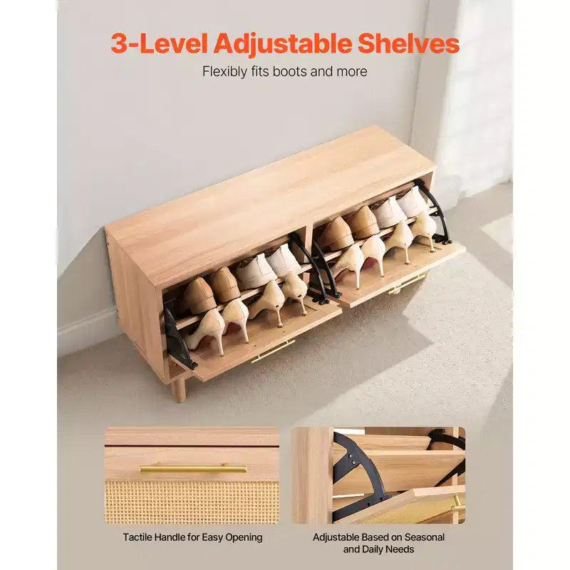 VEVOR Entryway Shoe Bench, 39.4 x 11.8 x 20.9 Inch Rattan-Like Shoes Bench with 2 Flip Drawers, 300lbs Shoe Storage Rack with 4 Compartments, Brown