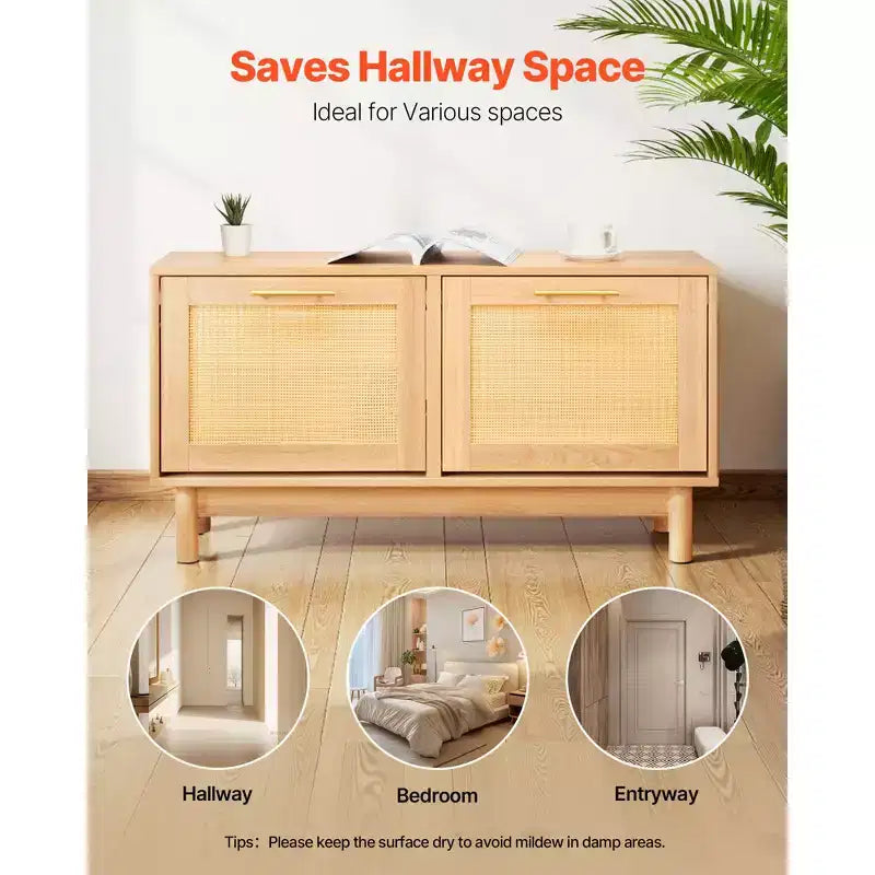 VEVOR Entryway Shoe Bench, 39.4 x 11.8 x 20.9 Inch Rattan-Like Shoes Bench with 2 Flip Drawers, 300lbs Shoe Storage Rack with 4 Compartments, Brown