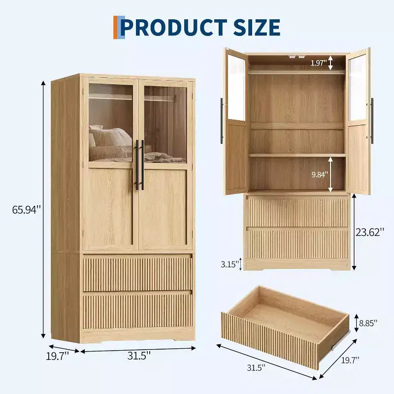 Natural Wood Armoire Wardrobe with Glass Doors - 2 Drawers & Hanging Rod - 31.5W x 65.9H - Freestanding Closet for Bedroom Storage