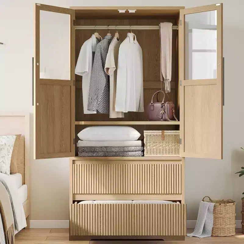 Natural Wood Armoire Wardrobe with Glass Doors - 2 Drawers & Hanging Rod - 31.5W x 65.9H - Freestanding Closet for Bedroom Storage