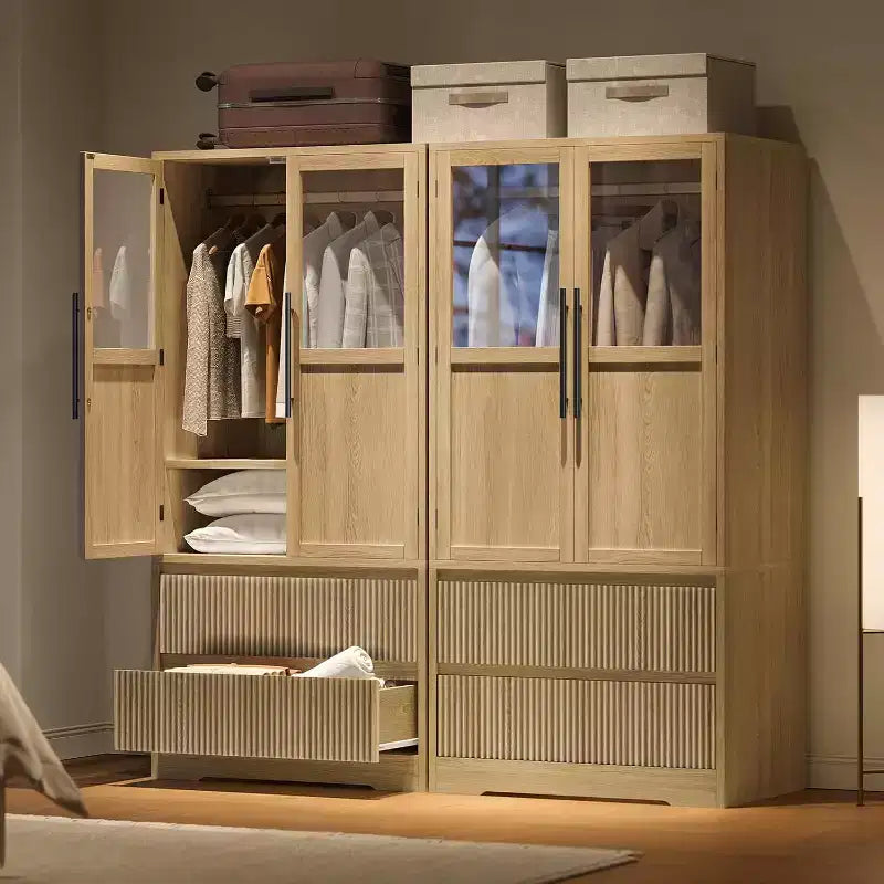 Natural Wood Armoire Wardrobe with Glass Doors - 2 Drawers & Hanging Rod - 31.5W x 65.9H - Freestanding Closet for Bedroom Storage