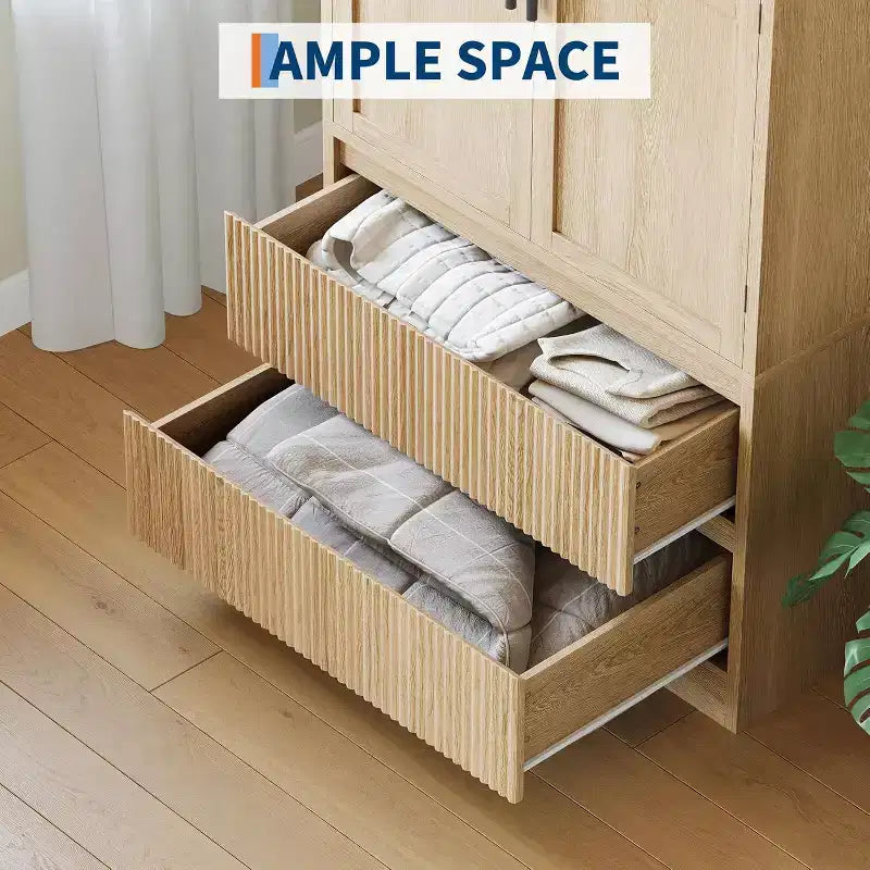 Natural Wood Armoire Wardrobe with Glass Doors - 2 Drawers & Hanging Rod - 31.5W x 65.9H - Freestanding Closet for Bedroom Storage