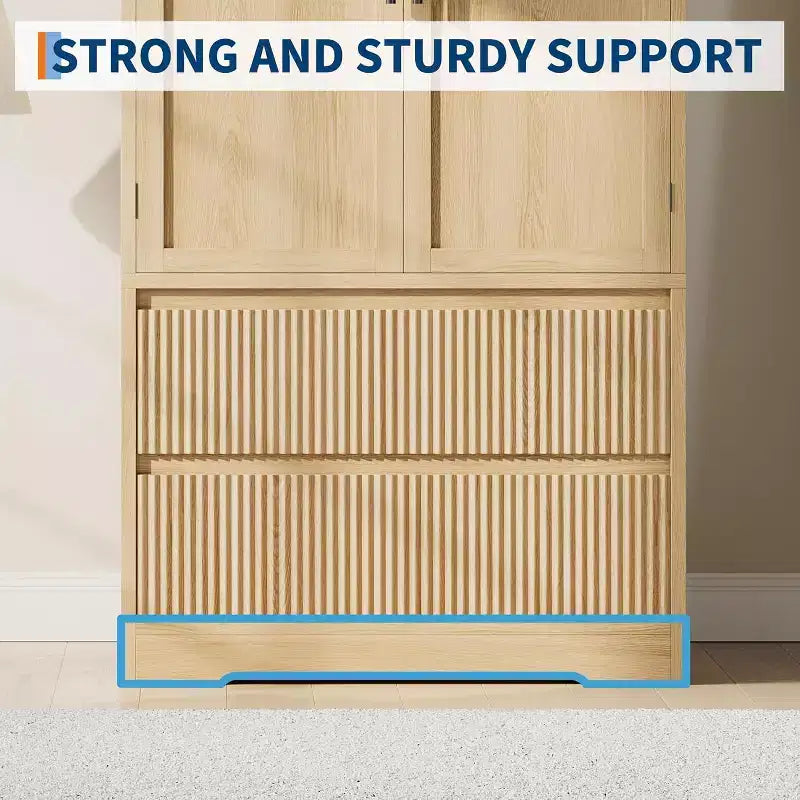 Natural Wood Armoire Wardrobe with Glass Doors - 2 Drawers & Hanging Rod - 31.5W x 65.9H - Freestanding Closet for Bedroom Storage