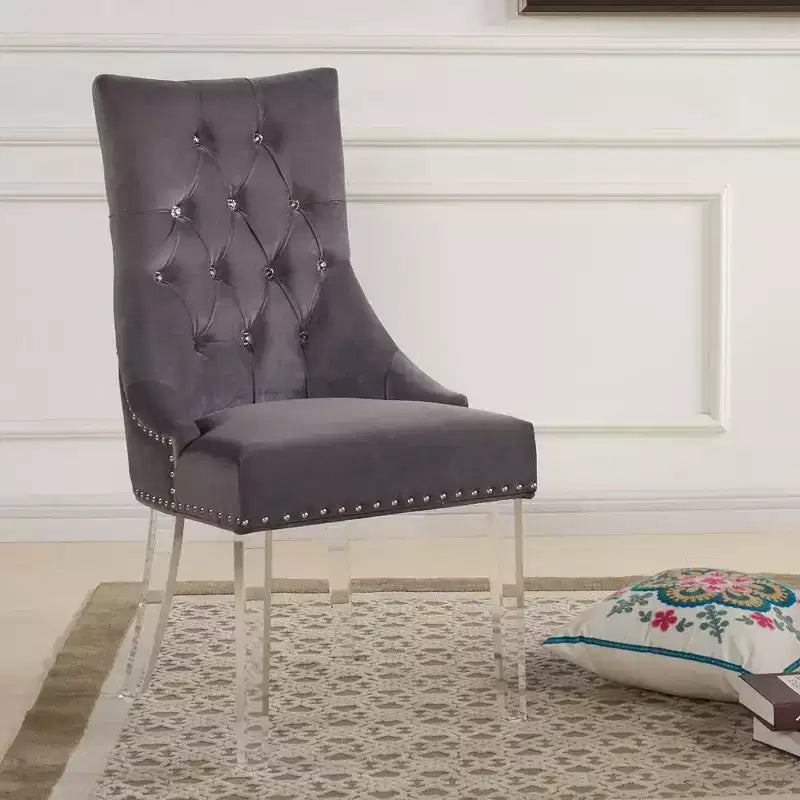 Armen Living,Gobi Modern and Contemporary Tufted Dining Chair in Gray Velvet with Acrylic Legs