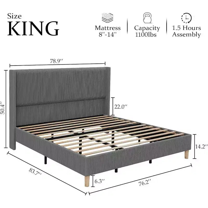 Acekool Full Size Upholstered Bed Frame, Corduroy Platform with Vertical Channel Tufted Wingback Headboard, Wood Slats, No Box Spring, Grey
