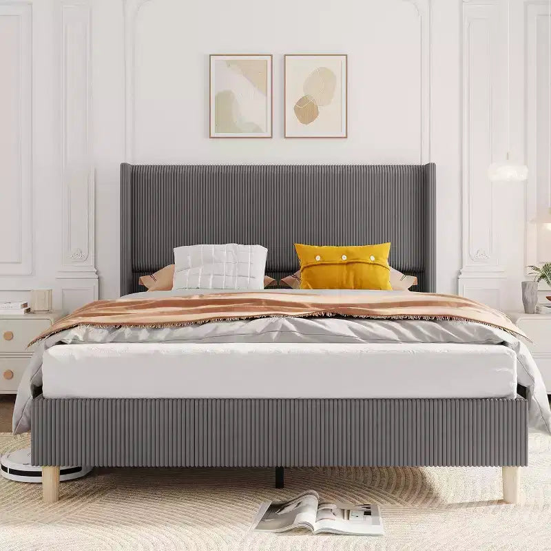 Acekool Full Size Upholstered Bed Frame, Corduroy Platform with Vertical Channel Tufted Wingback Headboard, Wood Slats, No Box Spring, Grey