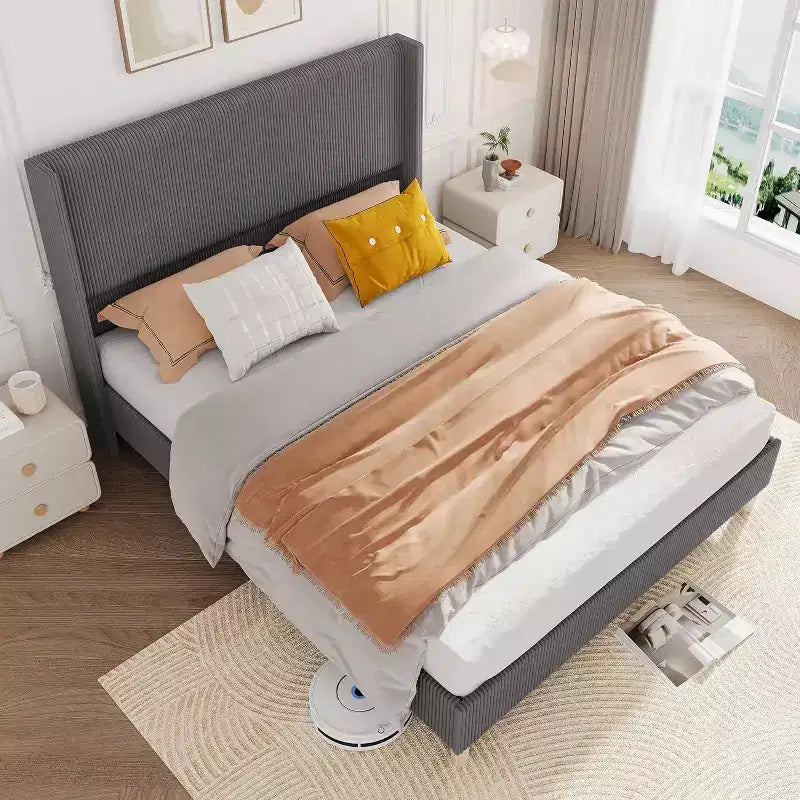 Acekool Full Size Upholstered Bed Frame, Corduroy Platform with Vertical Channel Tufted Wingback Headboard, Wood Slats, No Box Spring, Grey