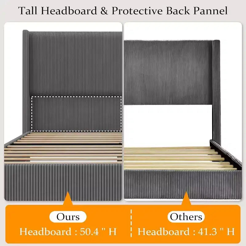 Acekool Full Size Upholstered Bed Frame, Corduroy Platform with Vertical Channel Tufted Wingback Headboard, Wood Slats, No Box Spring, Grey