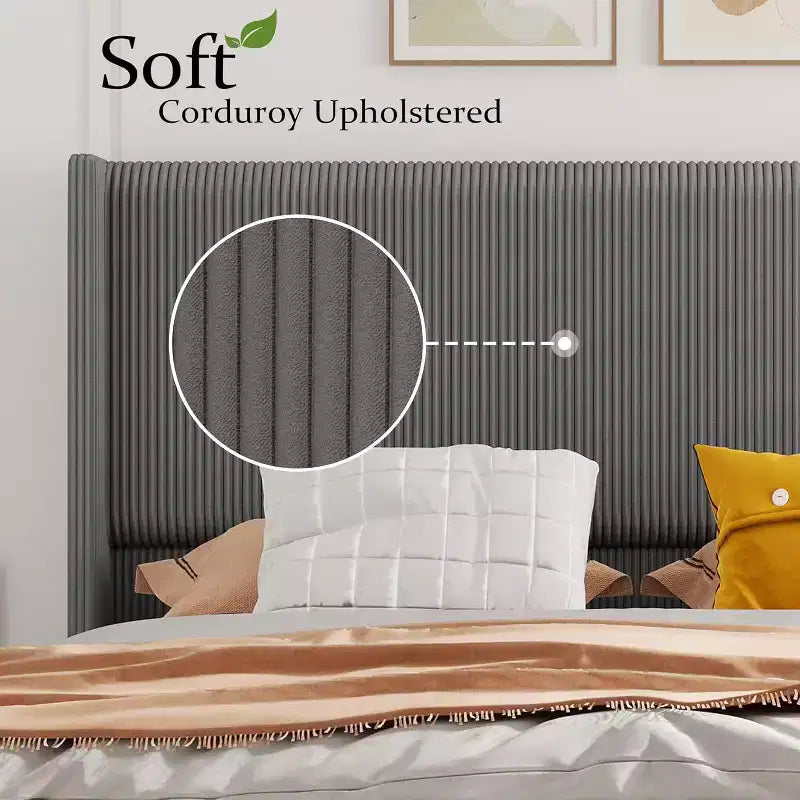 Acekool Full Size Upholstered Bed Frame, Corduroy Platform with Vertical Channel Tufted Wingback Headboard, Wood Slats, No Box Spring, Grey