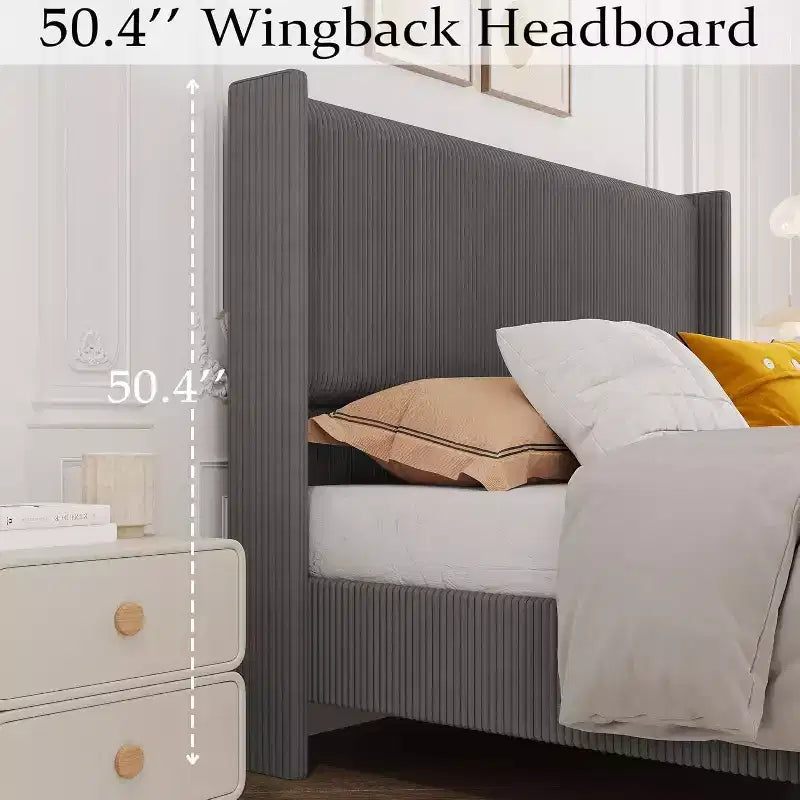 Acekool Full Size Upholstered Bed Frame, Corduroy Platform with Vertical Channel Tufted Wingback Headboard, Wood Slats, No Box Spring, Grey